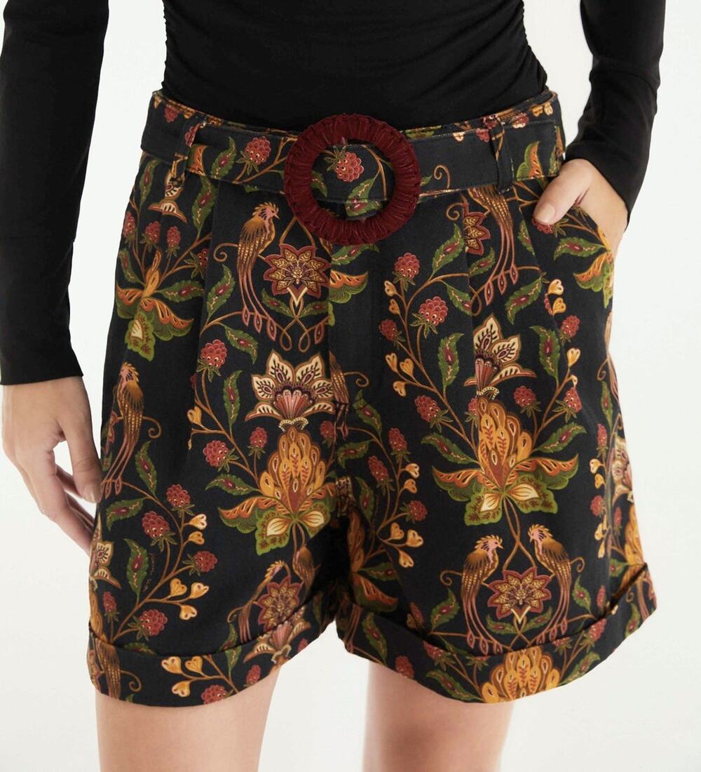 Farm Rio Berry Garden Black High Waist Bermuda Belted Floral Shorts Size 31 NWT